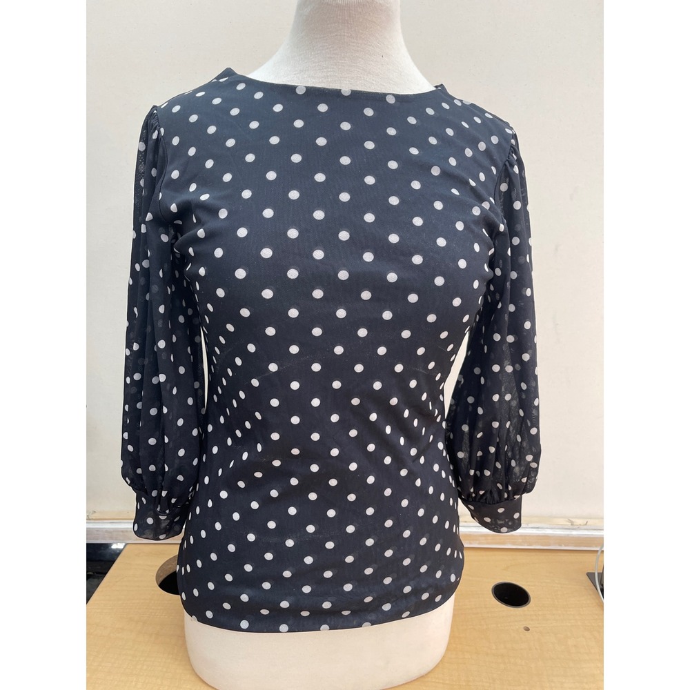 Sweet Pea for New York & Company Polka Dot Mesh Puff Sleeve Blouse Black White M